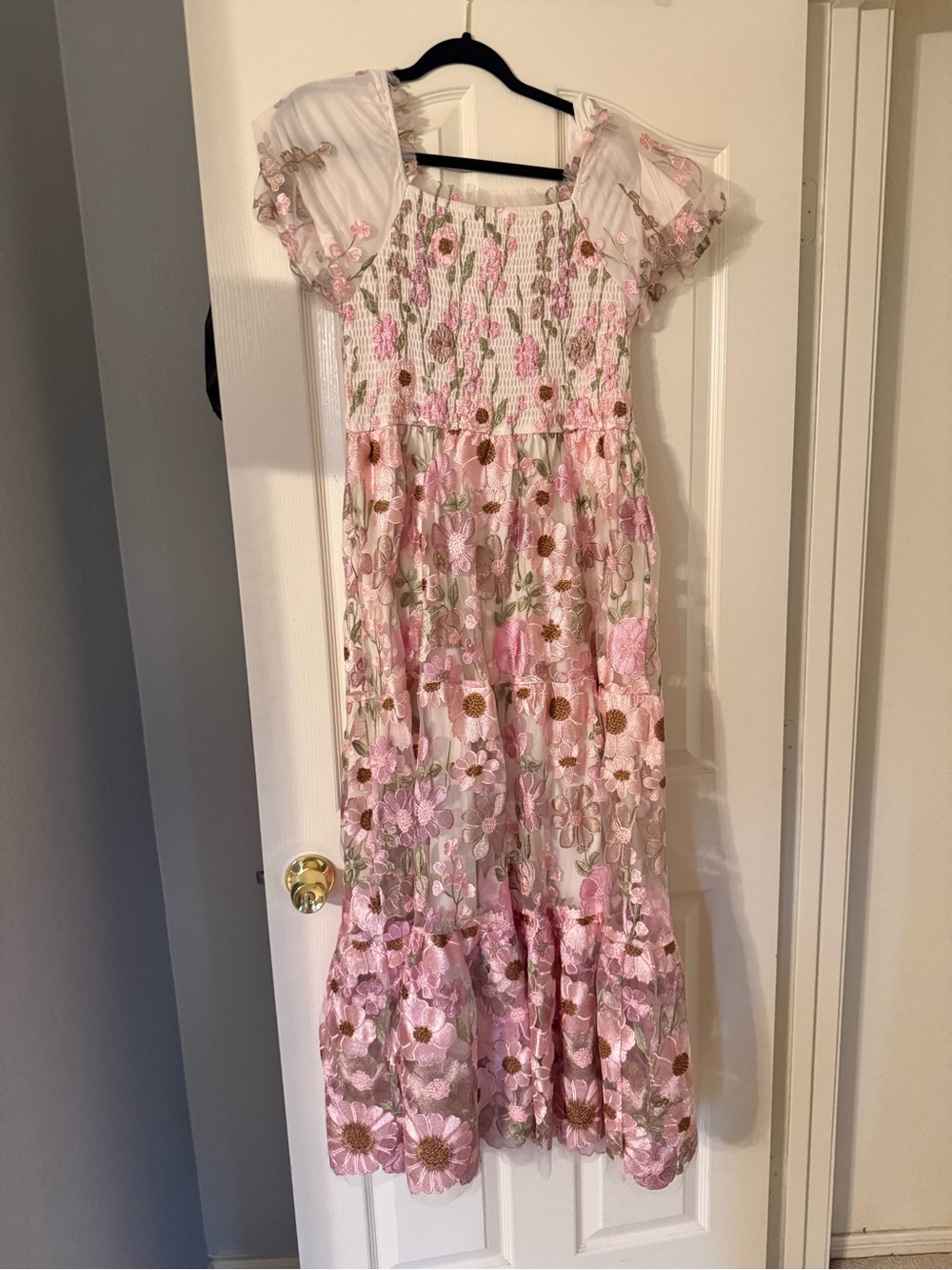 Women’s Embroidered Pink Floral Maxi Dress - Smocked Bodice